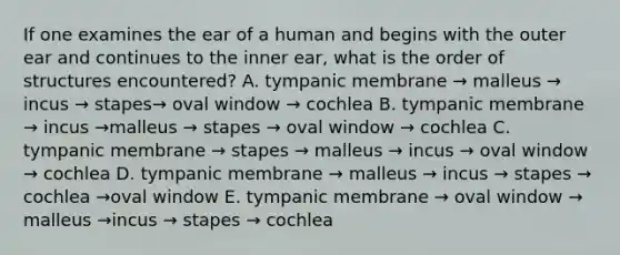 If one examines the ear of a human and begins with the outer ear and continues to the inner ear, what is the order of structures encountered? A. tympanic membrane → malleus → incus → stapes→ oval window → cochlea B. tympanic membrane → incus →malleus → stapes → oval window → cochlea C. tympanic membrane → stapes → malleus → incus → oval window → cochlea D. tympanic membrane → malleus → incus → stapes → cochlea →oval window E. tympanic membrane → oval window → malleus →incus → stapes → cochlea