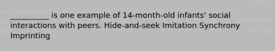 __________ is one example of 14-month-old infants' social interactions with peers. Hide-and-seek Imitation Synchrony Imprinting