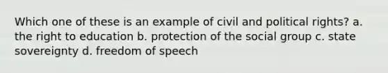 Which one of these is an example of civil and political rights? a. the right to education b. protection of the social group c. state sovereignty d. freedom of speech