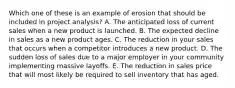 Which one of these is an example of erosion that should be included in project analysis? A. The anticipated loss of current sales when a new product is launched. B. The expected decline in sales as a new product ages. C. The reduction in your sales that occurs when a competitor introduces a new product. D. The sudden loss of sales due to a major employer in your community implementing massive layoffs. E. The reduction in sales price that will most likely be required to sell inventory that has aged.