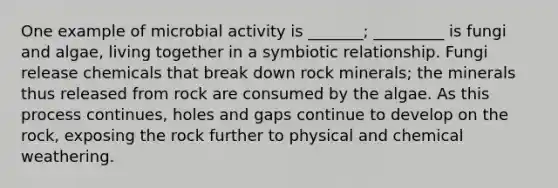 One example of microbial activity is _______; _________ is fungi and algae, living together in a symbiotic relationship. Fungi release chemicals that break down rock minerals; the minerals thus released from rock are consumed by the algae. As this process continues, holes and gaps continue to develop on the rock, exposing the rock further to physical and chemical weathering.