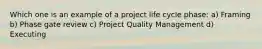 Which one is an example of a project life cycle phase: a) Framing b) Phase gate review c) Project Quality Management d) Executing