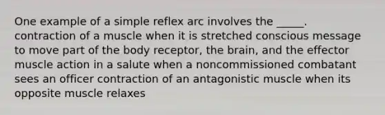 One example of a simple reflex arc involves the _____. contraction of a muscle when it is stretched conscious message to move part of the body receptor, the brain, and the effector muscle action in a salute when a noncommissioned combatant sees an officer contraction of an antagonistic muscle when its opposite muscle relaxes