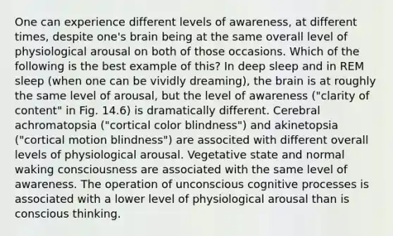 One can experience different levels of awareness, at different times, despite one's brain being at the same overall level of physiological arousal on both of those occasions. Which of the following is the best example of this? In deep sleep and in REM sleep (when one can be vividly dreaming), the brain is at roughly the same level of arousal, but the level of awareness ("clarity of content" in Fig. 14.6) is dramatically different. Cerebral achromatopsia ("cortical color blindness") and akinetopsia ("cortical motion blindness") are associted with different overall levels of physiological arousal. Vegetative state and normal waking consciousness are associated with the same level of awareness. The operation of unconscious cognitive processes is associated with a lower level of physiological arousal than is conscious thinking.