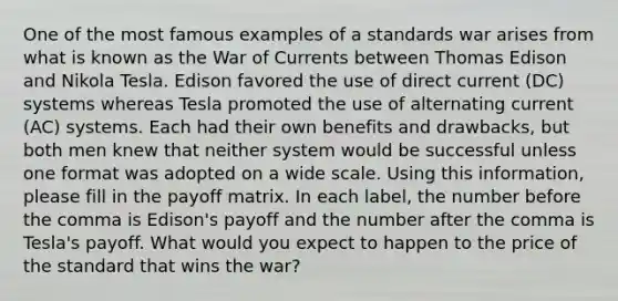 One of the most famous examples of a standards war arises from what is known as the War of Currents between Thomas Edison and Nikola Tesla. Edison favored the use of direct current (DC) systems whereas Tesla promoted the use of alternating current (AC) systems. Each had their own benefits and drawbacks, but both men knew that neither system would be successful unless one format was adopted on a wide scale. Using this information, please fill in the payoff matrix. In each label, the number before the comma is Edison's payoff and the number after the comma is Tesla's payoff. What would you expect to happen to the price of the standard that wins the war?