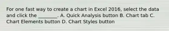 For one fast way to create a chart in Excel 2016, select the data and click the ________. A. Quick Analysis button B. Chart tab C. Chart Elements button D. Chart Styles button