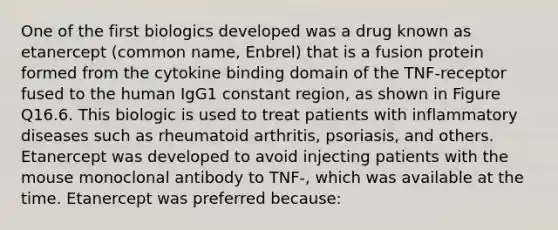 One of the first biologics developed was a drug known as etanercept (common name, Enbrel) that is a fusion protein formed from the cytokine binding domain of the TNF-receptor fused to the human IgG1 constant region, as shown in Figure Q16.6. This biologic is used to treat patients with inflammatory diseases such as rheumatoid arthritis, psoriasis, and others. Etanercept was developed to avoid injecting patients with the mouse monoclonal antibody to TNF-, which was available at the time. Etanercept was preferred because: