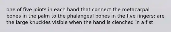 one of five joints in each hand that connect the metacarpal bones in the palm to the phalangeal bones in the five fingers; are the large knuckles visible when the hand is clenched in a fist