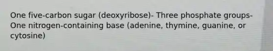 One five-carbon sugar (deoxyribose)- Three phosphate groups- One nitrogen-containing base (adenine, thymine, guanine, or cytosine)