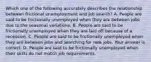 Which one of the following accurately describes the relationship between frictional unemployment and job​ search? A. People are said to be frictionally unemployed when they are between jobs due to the seasonal variations. B. People are said to be frictionally unemployed when they are laid off because of a recession. C. People are said to be frictionally unemployed when they are between jobs and searching for new jobs. Your answer is correct. D. People are said to be frictionally unemployed when their skills do not match job requirements.