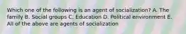 Which one of the following is an agent of socialization? A. The family B. Social groups C. Education D. Political environment E. All of the above are agents of socialization