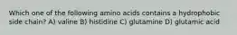 Which one of the following amino acids contains a hydrophobic side chain? A) valine B) histidine C) glutamine D) glutamic acid