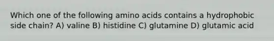 Which one of the following <a href='https://www.questionai.com/knowledge/k9gb720LCl-amino-acids' class='anchor-knowledge'>amino acids</a> contains a hydrophobic side chain? A) valine B) histidine C) glutamine D) glutamic acid