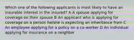 Which one of the following applicants is most likely to have an insurable interest in the insured? A A spouse applying for coverage on their spouse B An applicant who is applying for coverage on a person he/she is expecting an inheritance from C An employee applying for a policy on a co-worker D An individual applying for insurance on a neighbor