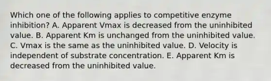 Which one of the following applies to competitive enzyme inhibition? A. Apparent Vmax is decreased from the uninhibited value. B. Apparent Km is unchanged from the uninhibited value. C. Vmax is the same as the uninhibited value. D. Velocity is independent of substrate concentration. E. Apparent Km is decreased from the uninhibited value.