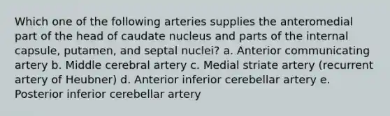 Which one of the following arteries supplies the anteromedial part of the head of caudate nucleus and parts of the internal capsule, putamen, and septal nuclei? a. Anterior communicating artery b. Middle cerebral artery c. Medial striate artery (recurrent artery of Heubner) d. Anterior inferior cerebellar artery e. Posterior inferior cerebellar artery