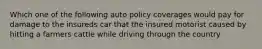 Which one of the following auto policy coverages would pay for damage to the insureds car that the insured motorist caused by hitting a farmers cattle while driving through the country