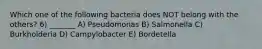 Which one of the following bacteria does NOT belong with the others? 6) _______ A) Pseudomonas B) Salmonella C) Burkholderia D) Campylobacter E) Bordetella