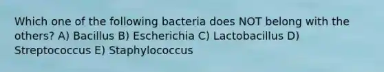 Which one of the following bacteria does NOT belong with the others? A) Bacillus B) Escherichia C) Lactobacillus D) Streptococcus E) Staphylococcus