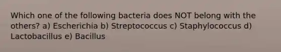 Which one of the following bacteria does NOT belong with the others? a) Escherichia b) Streptococcus c) Staphylococcus d) Lactobacillus e) Bacillus