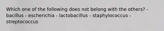 Which one of the following does not belong with the others? - bacillus - escherichia - lactobacillus - staphylococcus - streptococcus