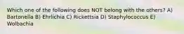 Which one of the following does NOT belong with the others? A) Bartonella B) Ehrlichia C) Rickettsia D) Staphylococcus E) Wolbachia