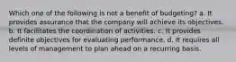 Which one of the following is not a benefit of budgeting? a. It provides assurance that the company will achieve its objectives. b. It facilitates the coordination of activities. c. It provides definite objectives for evaluating performance. d. It requires all levels of management to plan ahead on a recurring basis.