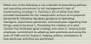 Which one of the following is not a benefit of prescribing policies and operating procedures to aid management's task of implementing strategy? A. Painting a set of white lines that provides boundaries for the independent actions of empowered personnel B. Providing top-down guidance to operating managers, supervisory personnel, and employees regarding how things need to be done C. Promoting the creation of a work climate that facilitates good strategy execution D. Helping build employee commitment to adopting best practices and using the tools of TQM and Six Sigma E. Helping enforce consistency in how particular activities are performed