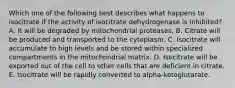 Which one of the following best describes what happens to isocitrate if the activity of isocitrate dehydrogenase is inhibited? A. It will be degraded by mitochondrial proteases. B. Citrate will be produced and transported to the cytoplasm. C. Isocitrate will accumulate to high levels and be stored within specialized compartments in the mitochondrial matrix. D. Isocitrate will be exported out of the cell to other cells that are deficient in citrate. E. Isocitrate will be rapidly converted to alpha-ketoglutarate.