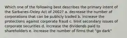 Which one of the following best describes the primary intent of the Sarbanes-Oxley Act of 2002? a. decrease the number of corporations that can be publicly traded b. increase the protections against corporate fraud c. limit secondary issues of corporate securities d. increase the dividends paid to shareholders e. increase the number of firms that "go dark"