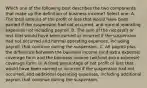 Which one of the following best describes the two components that make up the definition of business income? Select one: A. The total amount of the profit or loss that would have been earned if the suspension had not occurred, and normal operating expenses not including payroll. B. The sum of the net profit or loss that would have been earned or incurred if the suspension had not occurred and normal operating expenses, including payroll, that continue during the suspension. C. All payroll plus the difference between the business income (and extra expense) coverage form and the business income (without extra expense) coverage form. D. A fixed percentage of net profit or loss that would have been earned or incurred if the suspension had not occurred, and additional operating expenses, including additional payroll, that continue during the suspension.