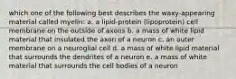 which one of the following best describes the waxy-appearing material called myelin: a. a lipid-protein (lipoprotein) cell membrane on the outside of axons b. a mass of white lipid material that insulated the axon of a neuron c. an outer membrane on a neuroglial cell d. a mass of white lipid material that surrounds the dendrites of a neuron e. a mass of white material that surrounds the cell bodies of a neuron