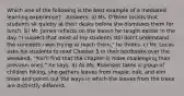 Which one of the following is the best example of a mediated learning experience? . Answers: a) Ms. O'Brien insists that students sit quietly at their desks before she dismisses them for lunch. b) Mr. James reflects on the lesson he taught earlier in the day. "I suspect that most of my students still don't understand the concepts I was trying to teach them," he thinks. c) Mr. Lucas asks his students to read Chapter 5 in their textbooks over the weekend. "You'll find that the chapter is more challenging than previous ones," he says. d) As Ms. Robinson takes a group of children hiking, she gathers leaves from maple, oak, and elm trees and points out the ways in which the leaves from the trees are distinctly different.