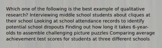 Which one of the following is the best example of qualitative research? Interviewing middle school students about cliques at their school Looking at school attendance records to identify potential school dropouts Finding out how long it takes 6-year-olds to assemble challenging picture puzzles Comparing average achievement test scores for students at three different schools