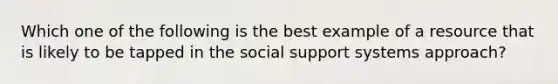 Which one of the following is the best example of a resource that is likely to be tapped in the social support systems approach?