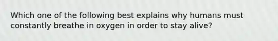 Which one of the following best explains why humans must constantly breathe in oxygen in order to stay alive?