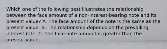 Which one of the following best illustrates the relationship between the face amount of a non-interest-bearing note and its present value? A. The face amount of the note is the same as the present value. B. The relationship depends on the prevailing interest rate. C. The face note amount is greater than the present value.