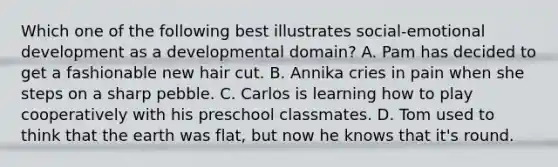 Which one of the following best illustrates social-emotional development as a developmental domain? A. Pam has decided to get a fashionable new hair cut. B. Annika cries in pain when she steps on a sharp pebble. C. Carlos is learning how to play cooperatively with his preschool classmates. D. Tom used to think that the earth was flat, but now he knows that it's round.