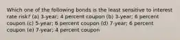 Which one of the following bonds is the least sensitive to interest rate risk? (a) 3-year; 4 percent coupon (b) 3-year; 6 percent coupon (c) 5-year; 6 percent coupon (d) 7-year; 6 percent coupon (e) 7-year; 4 percent coupon