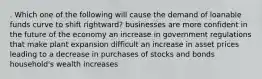 . Which one of the following will cause the demand of loanable funds curve to shift rightward? businesses are more confident in the future of the economy an increase in government regulations that make plant expansion difficult an increase in asset prices leading to a decrease in purchases of stocks and bonds household's wealth increases