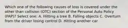 Which one of the following causes of loss is covered under the other than collision (OTC) section of the Personal Auto Policy (PAP)? Select one: A. Hitting a tree B. Falling objects C. Overturn from the driver losing control D. Hitting another car