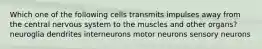 Which one of the following cells transmits impulses away from the central nervous system to the muscles and other organs? neuroglia dendrites interneurons motor neurons sensory neurons