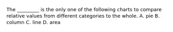 The _________ is the only one of the following charts to compare relative values from different categories to the whole. A. pie B. column C. line D. area