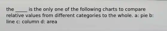the _____ is the only one of the following charts to compare relative values from different categories to the whole. a: pie b: line c: column d: area