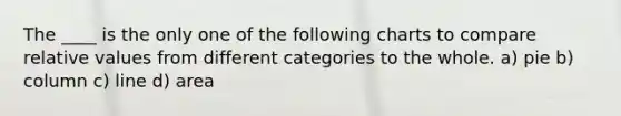 The ____ is the only one of the following charts to compare relative values from different categories to the whole. a) pie b) column c) line d) area