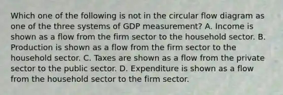 Which one of the following is not in the circular flow diagram as one of the three systems of GDP​ measurement? A. Income is shown as a flow from the firm sector to the household sector. B. Production is shown as a flow from the firm sector to the household sector. C. Taxes are shown as a flow from the private sector to the public sector. D. Expenditure is shown as a flow from the household sector to the firm sector.