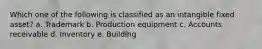 Which one of the following is classified as an intangible fixed asset? a. Trademark b. Production equipment c. Accounts receivable d. Inventory e. Building
