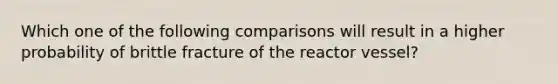 Which one of the following comparisons will result in a higher probability of brittle fracture of the reactor vessel?