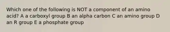 Which one of the following is NOT a component of an amino acid? A a carboxyl group B an alpha carbon C an amino group D an R group E a phosphate group