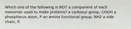 Which one of the following is NOT a component of each monomer used to make proteins? a carboxyl group, COOH a phosphorus atom, P an amino functional group, NH2 a side chain, R